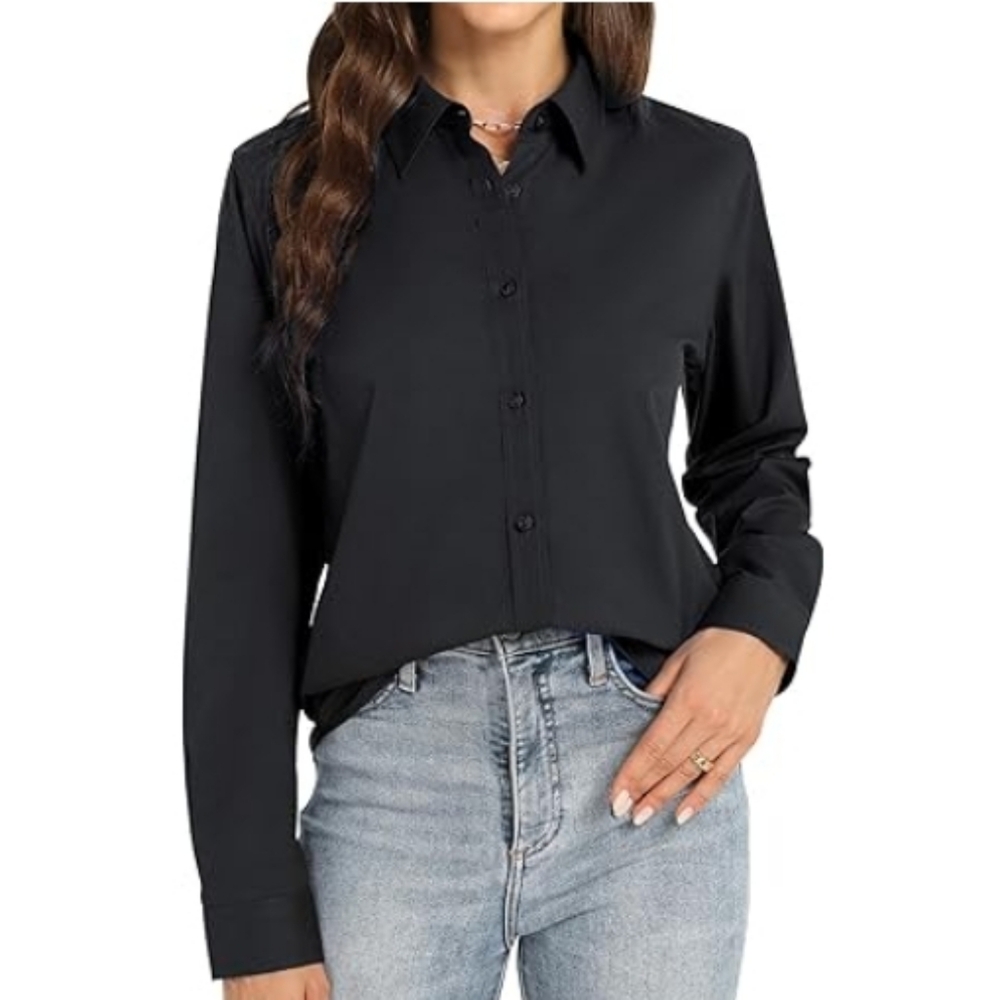 Button Down Long Sleeve Stretch Solid Work Shirt Black